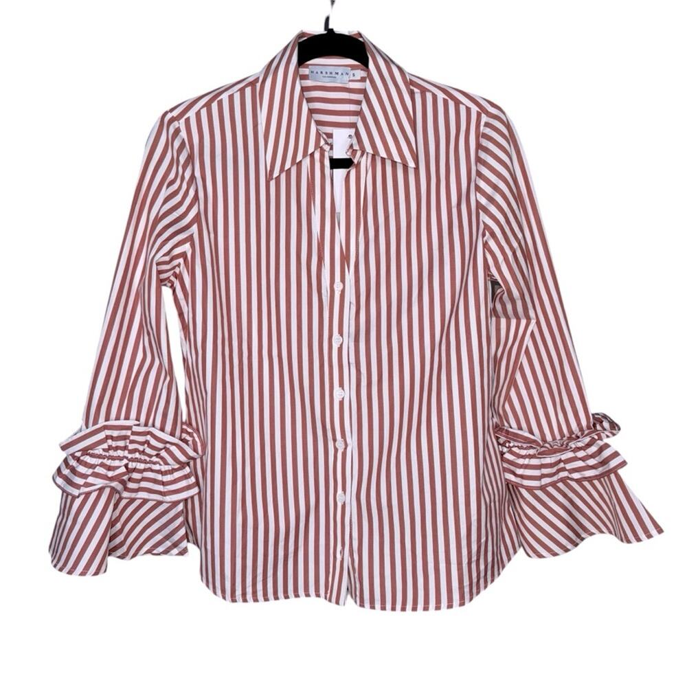 NWT HARSHMAN Women’s Brown Striped Ruffle Sleeve Button Front Selina Shirt